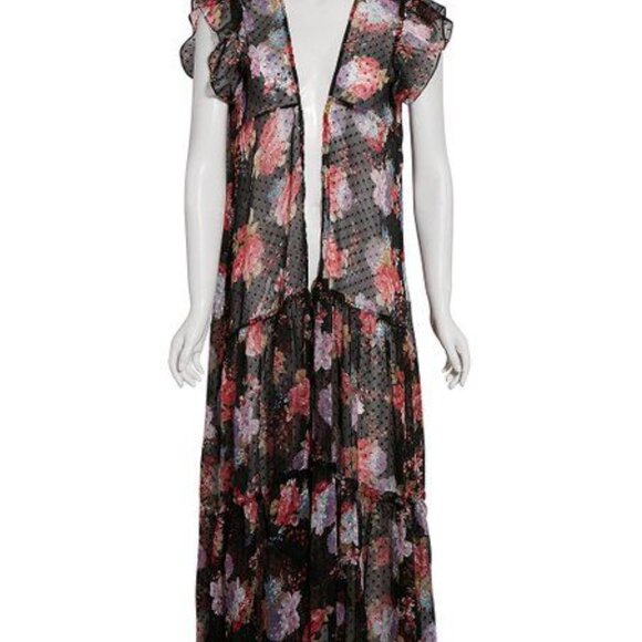 Betsey Johnson Black Floral Ruffle Sleeve Maxi Duster - Picture 1 of 8